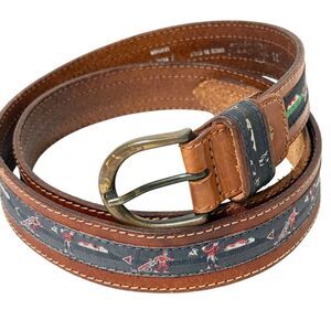 Golf Caddy Link Club House Themed Belt Leather & Embroidered Canvas Italy Sz 36